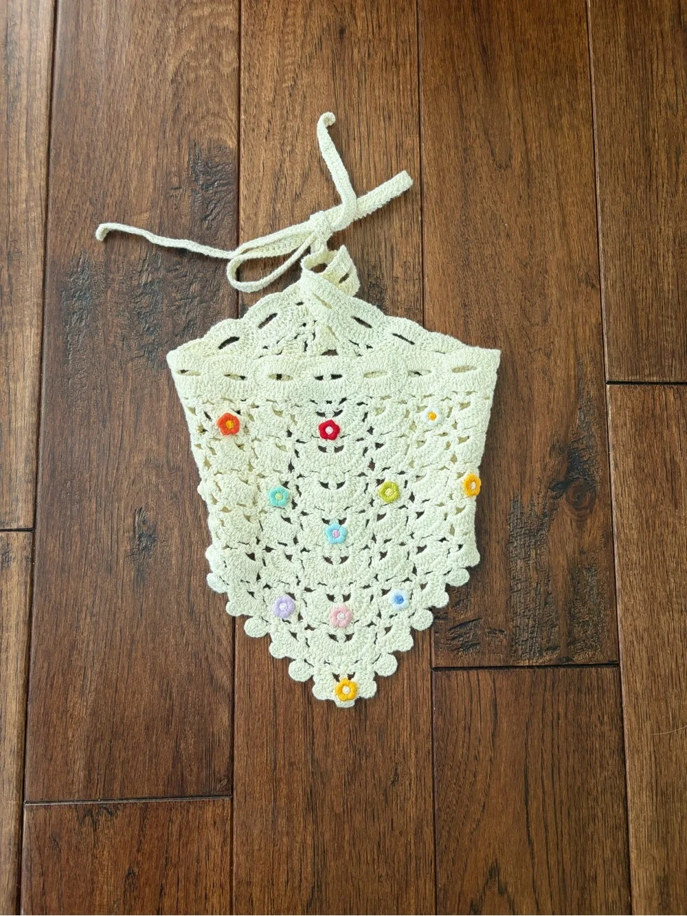 Handmade Cream Crochet Bandana with Multicolor Flower Accents